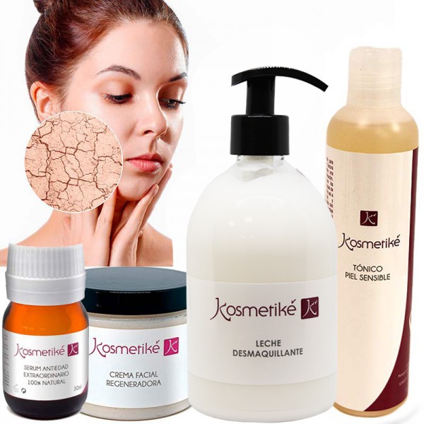 Tratamento Facial Pele Seca Kosmetiké: Leite Desmaquillante + Tónico + Serum Antiedad + Creme Regeneradora